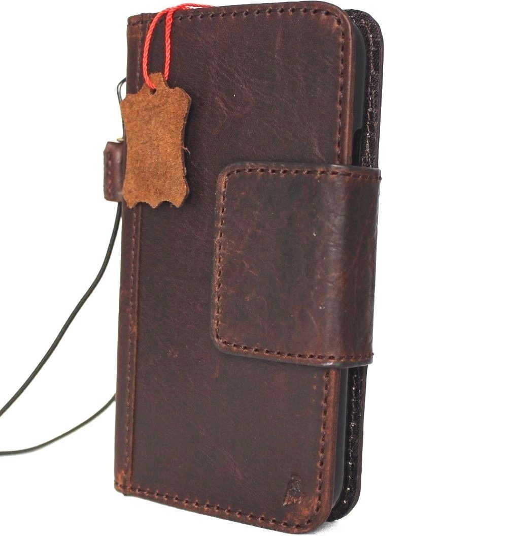 Vintage brown genuine leather iPhone X wallet case with magnet closure, card slots, slim design, handmade by Daviscase.