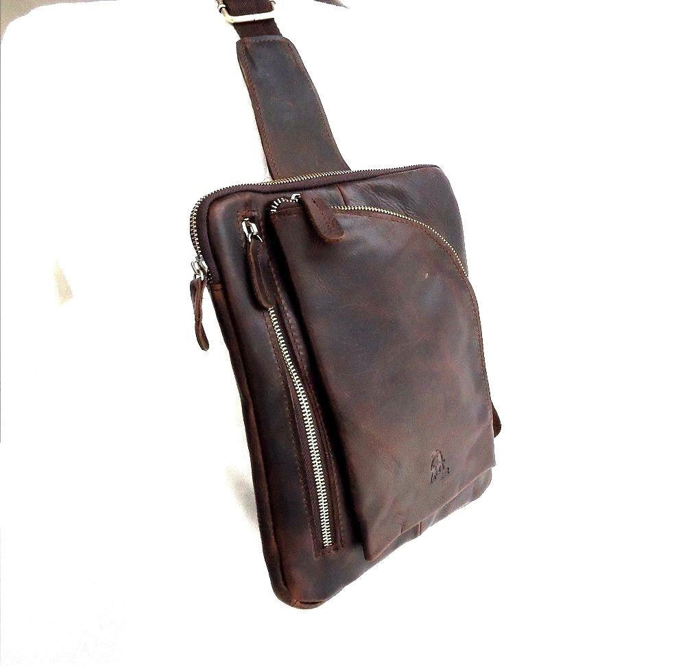 Men's genuine leather messenger bag by DAVISCASE, brown crossbody bag for iPad, notebook, and daily use.