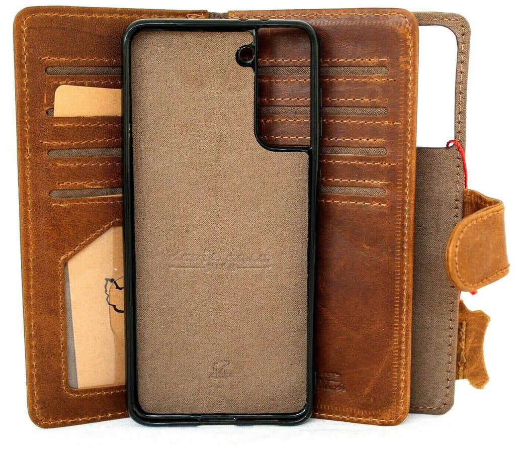 Genuine full leather Samsung Galaxy S21 Plus 5G case with wallet design, card slots, magnetic stand, and Jafo branding.