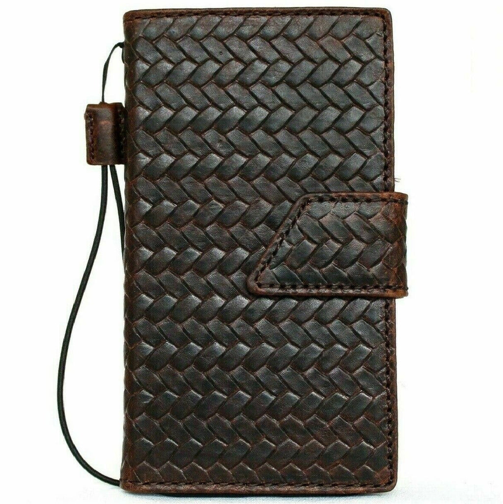 Genuine dark leather iPhone 12 Pro case by DAVISCASE with vintage braid design, ID window, credit card slots, magnetic closure, soft cover