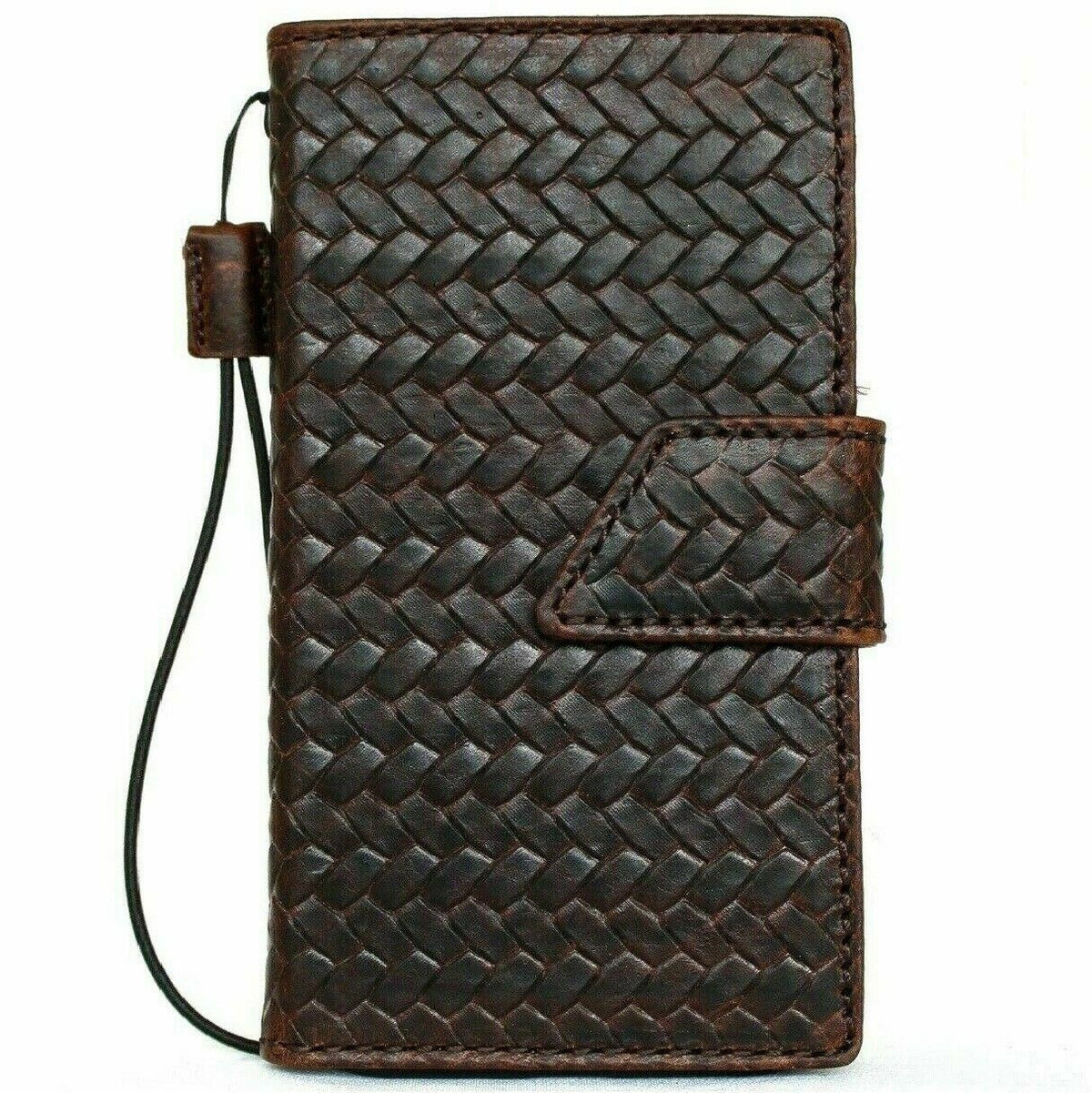 Genuine dark leather iPhone 12 Pro case by DAVISCASE with vintage braid design, ID window, credit card slots, magnetic closure, soft cover