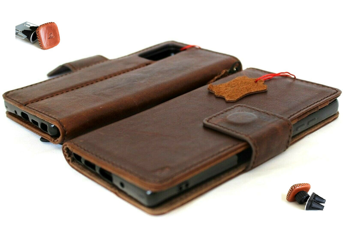 Dark leather Samsung Galaxy Note 20 book wallet case with ID window, magnetic stand, and removable card slots by DAVISCASE.