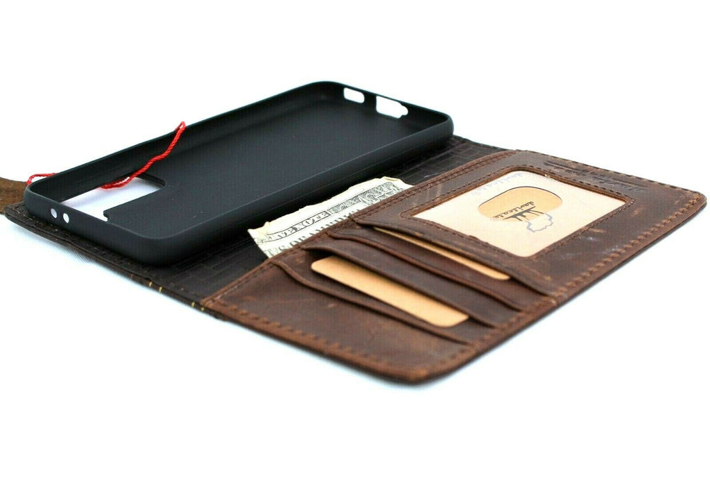 Genuine leather Samsung Galaxy S21 Bible design wallet case with card slots, ID window, and wireless charging holder by DAVISCASE.