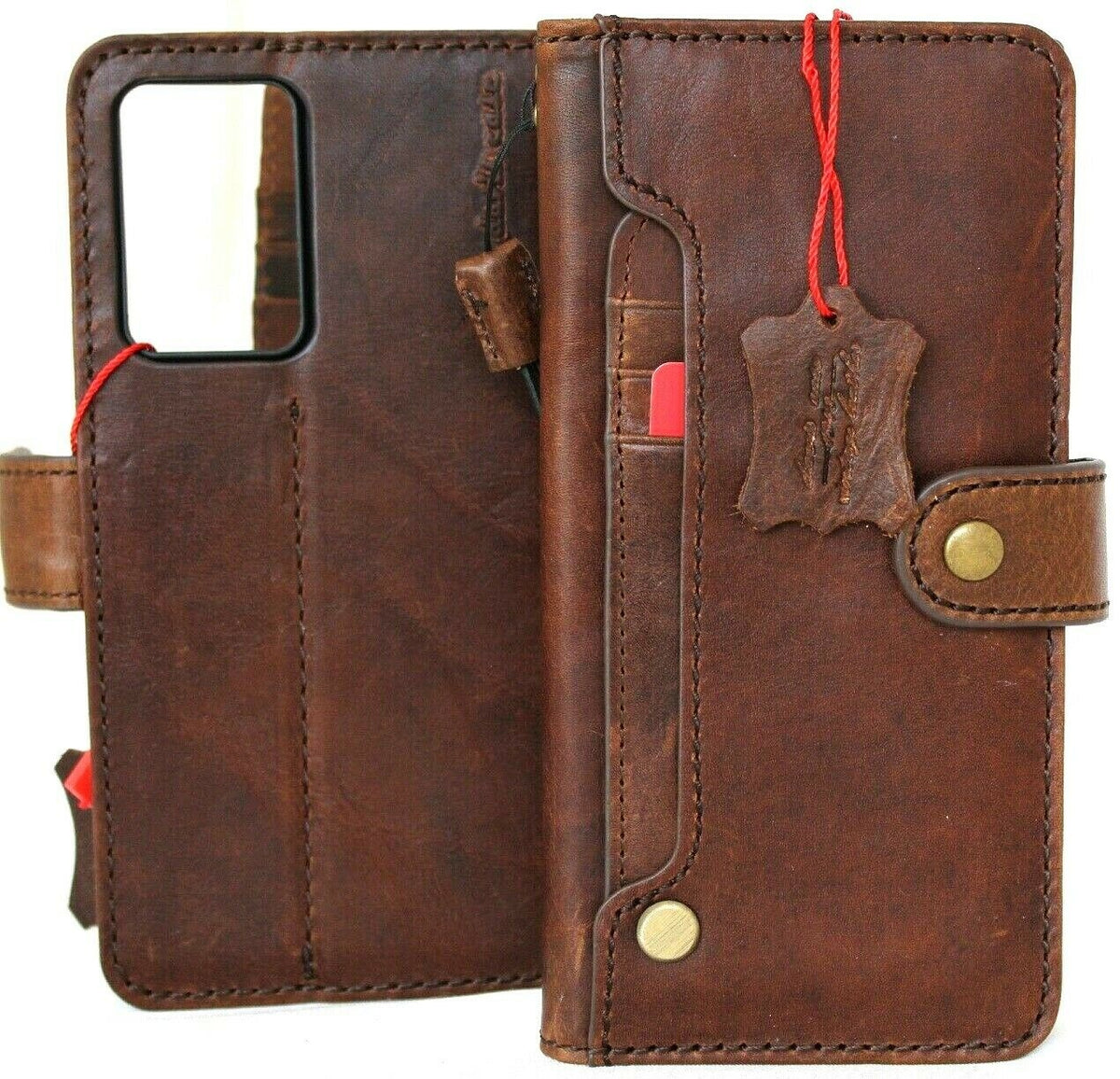 Handmade genuine leather wallet case for Samsung Galaxy Note 20 Ultra by DavisCase, includes rubber holder and wireless charging compatibility.