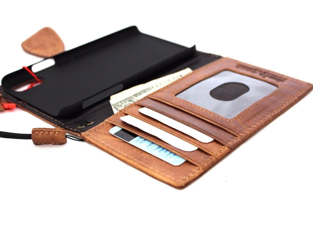 Bright brown genuine leather iPhone X wallet case with card slots and magnetic closure, featuring a slim, vintage design.