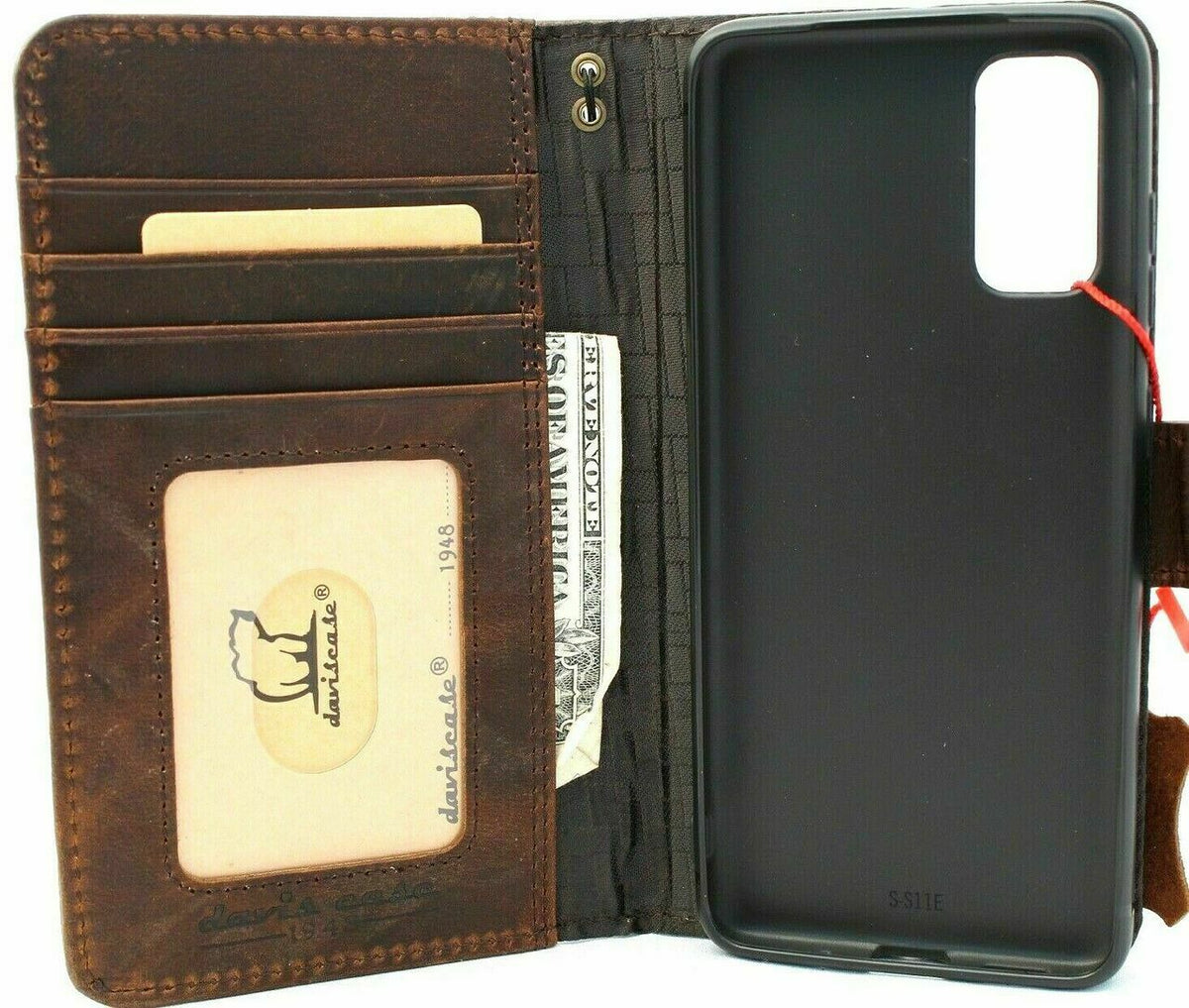 DavisCase genuine full leather wallet case for Samsung Galaxy A71 4G, with card holder, ID window, and wireless charging compatibility.