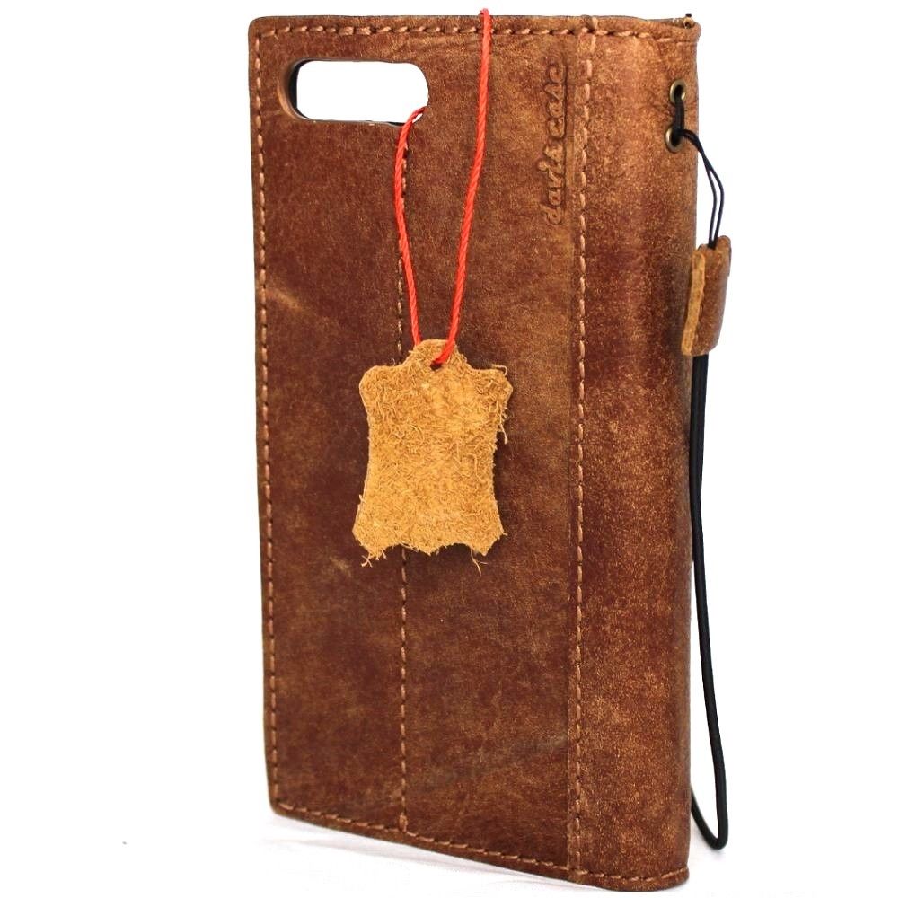 Bright brown genuine leather iPhone 8 Plus book wallet case with credit card slots, slim vintage design by DAVISCASE.
