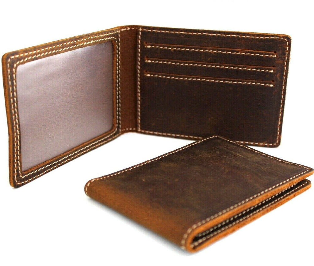 Men's genuine leather wallet by DAVISCASE with credit card slots, slim handmade design, retro oiled finish, and ID window.