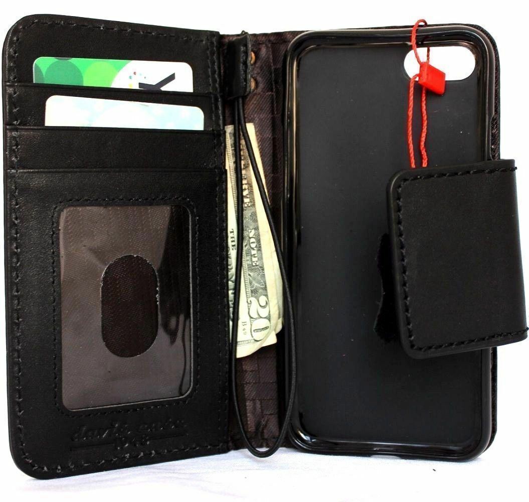 Daviscase genuine black leather iPhone SE 2 2020 wallet case with card slots, magnetic closure, soft interior, and wireless charging support.