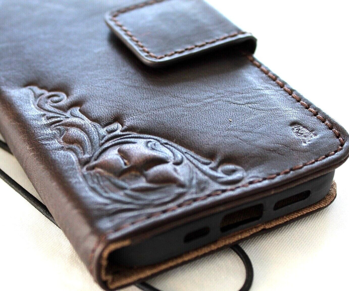 Handmade genuine leather wallet case for iPhone 11 to 15 Pro Max by DAVISCASE, vintage style with ID window and credit card slots.