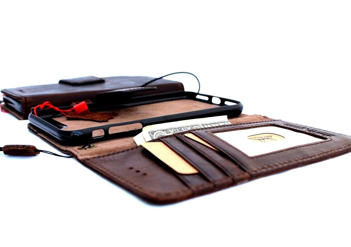 Genuine leather iPhone 8 wallet case by DAVISCASE with card slots, slim vintage design, magnetic closure, and detachable cover.
