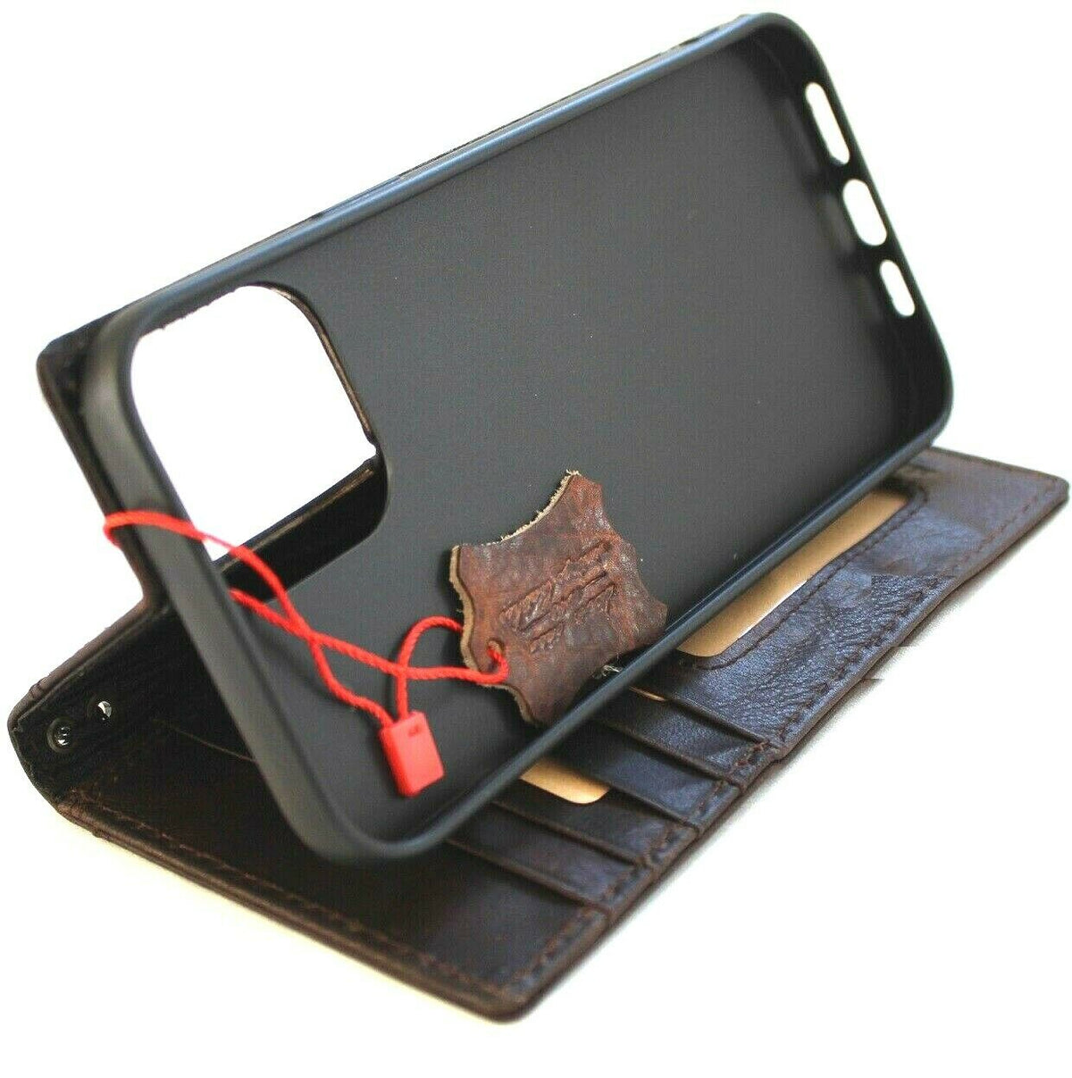 Handmade genuine leather phone wallet case for iPhone 11-15 Pro Max, vintage lion design, credit card slots, full grain leather, DAVISCASE