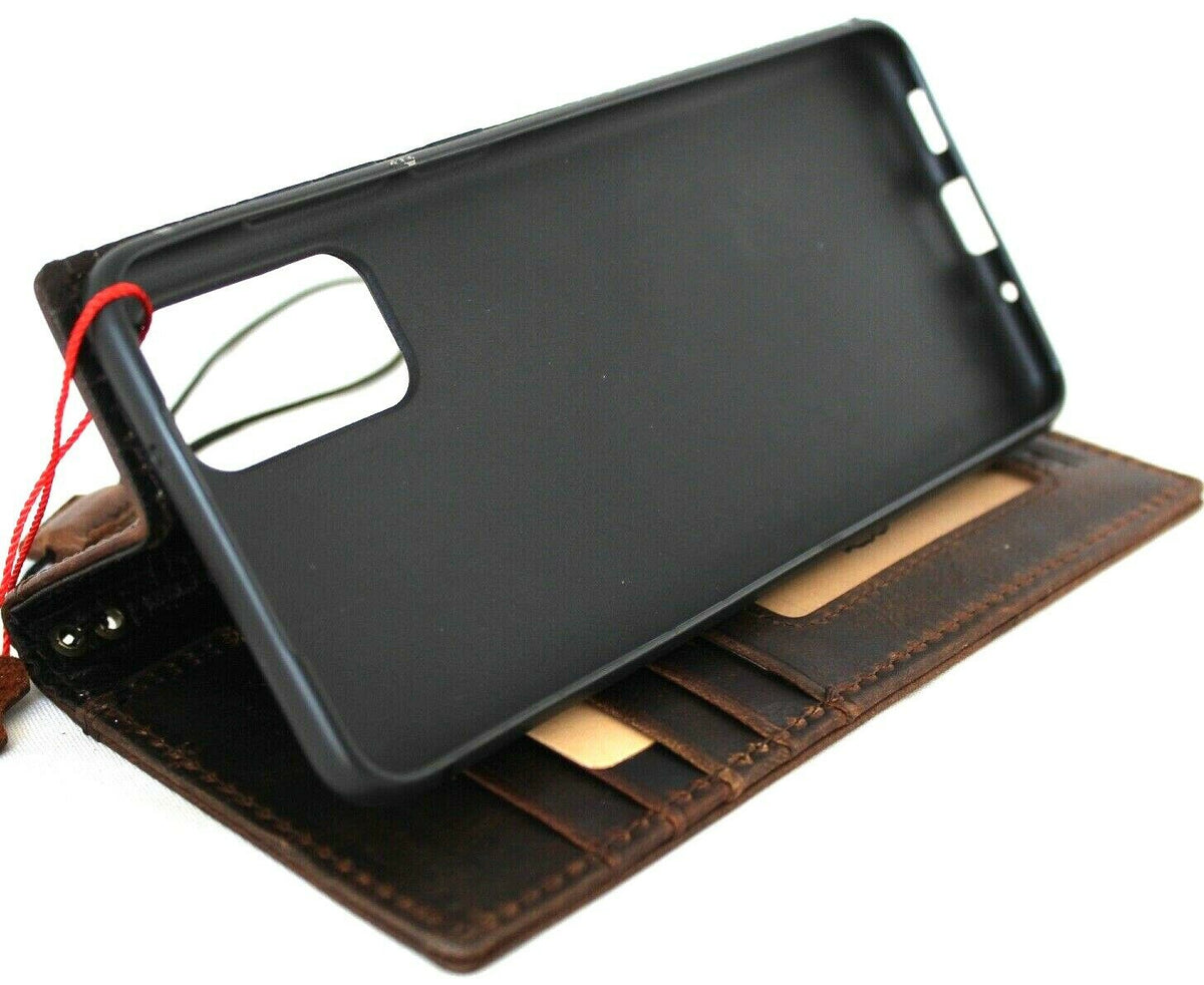 Genuine dark leather Samsung Galaxy S20 Plus wallet case with ID window, card slots, wireless charging holder, by DavisCase