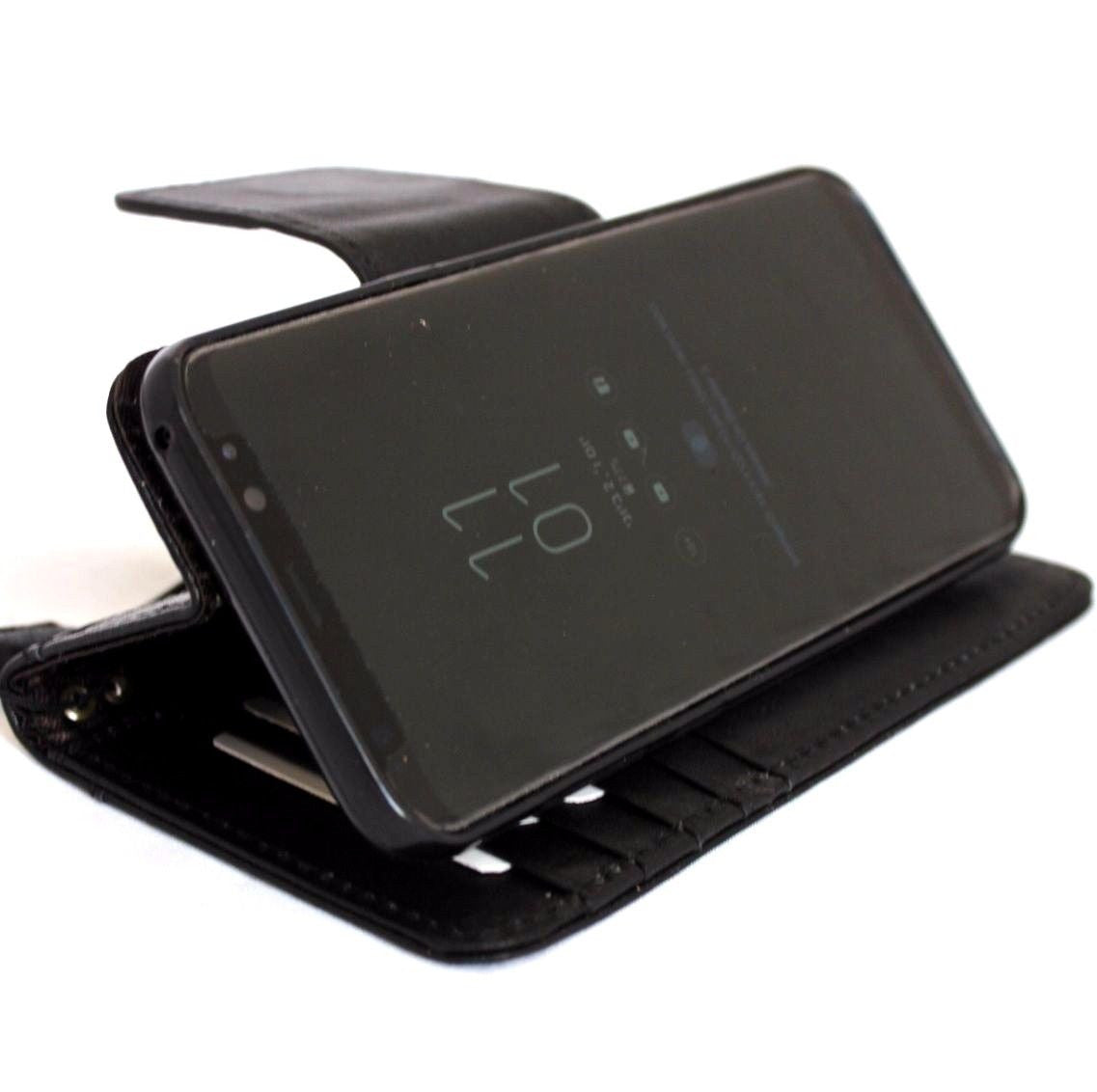 Vintage black genuine oil leather Galaxy S8 Plus phone case with book wallet design and magnetic closure.
