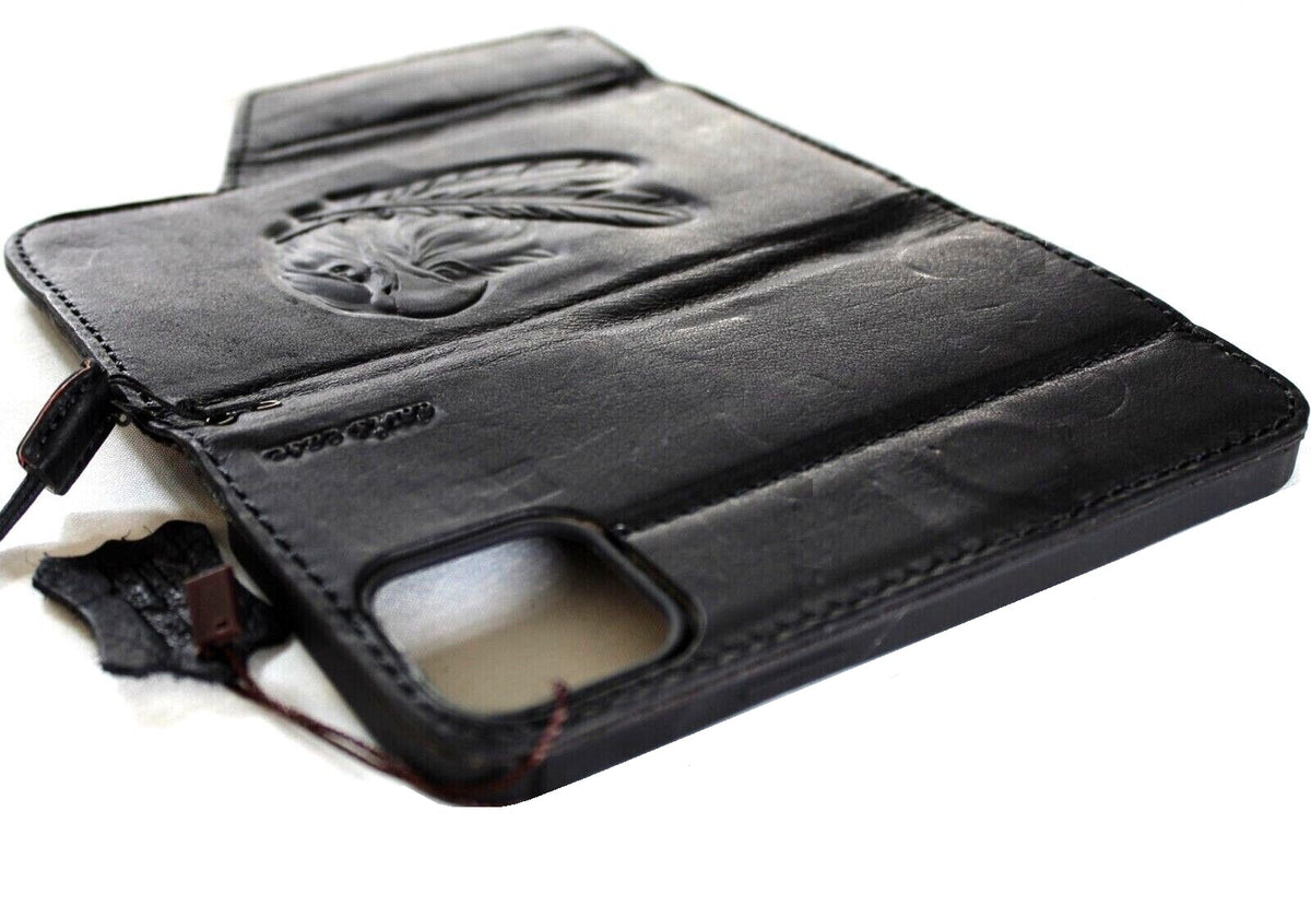 Handmade genuine leather phone case by DAVISCASE for iPhone 11-15 Pro Max, with ID window and credit card slots in vintage style.