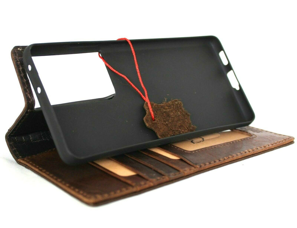 Handmade leather phone case for Samsung Galaxy S22, S21, S20, and others, with vintage tiger style art wallet and full grain finish.