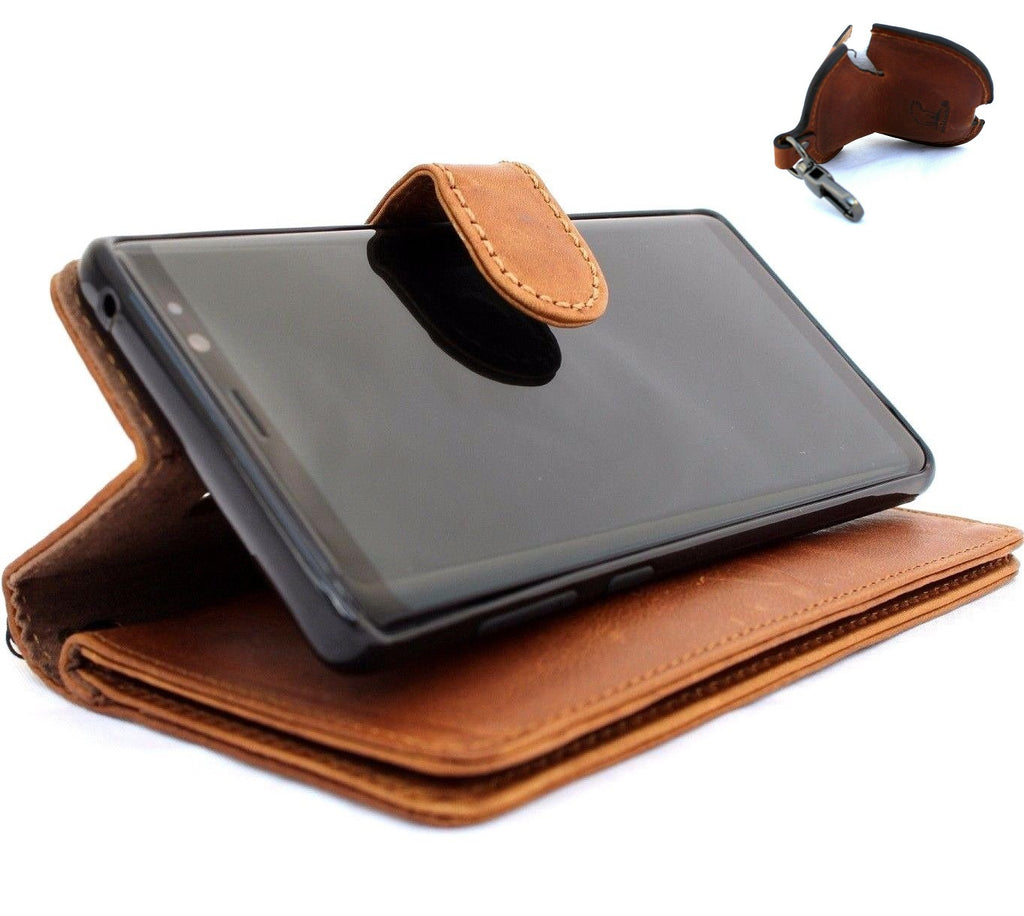 Genuine full leather Samsung Galaxy Note 9 wallet case with card slots, magnetic holder, vintage style, and AirPods 2 storage.