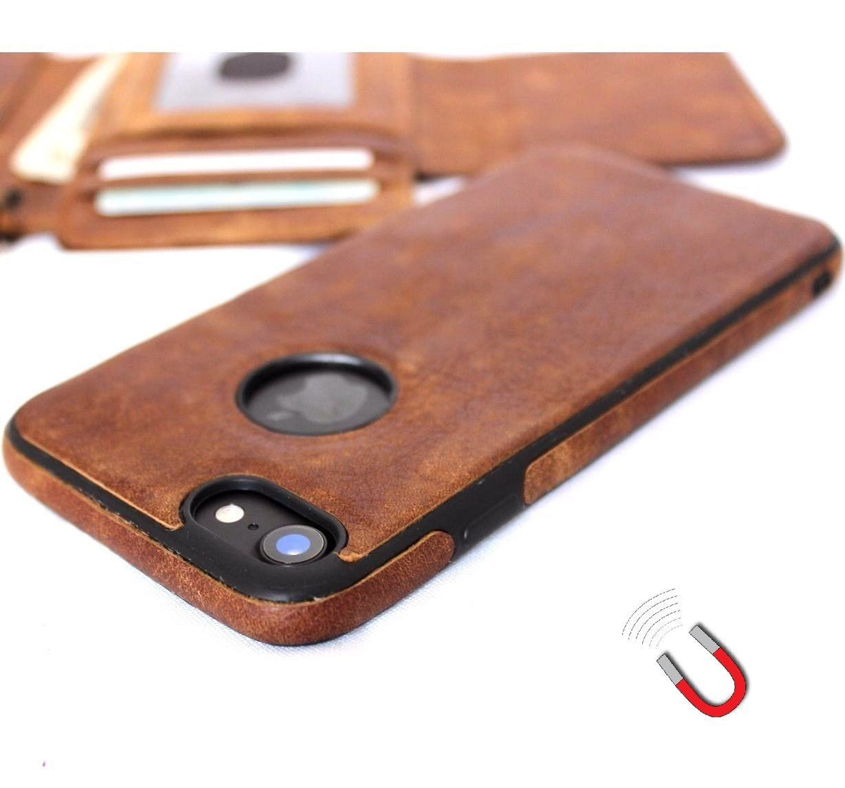 Handmade vintage brown leather wallet case for iPhone 8 with magnetic closure, removable cover, crafted by vendor-unknown.