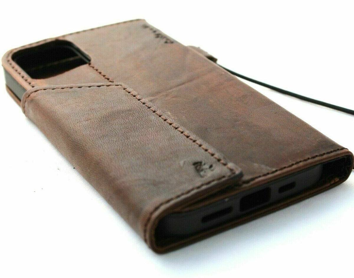 Genuine dark leather wallet case for iPhone 11 Pro Max by DAVISCASE with credit card slots and rubber strap, handcrafted phone cover.