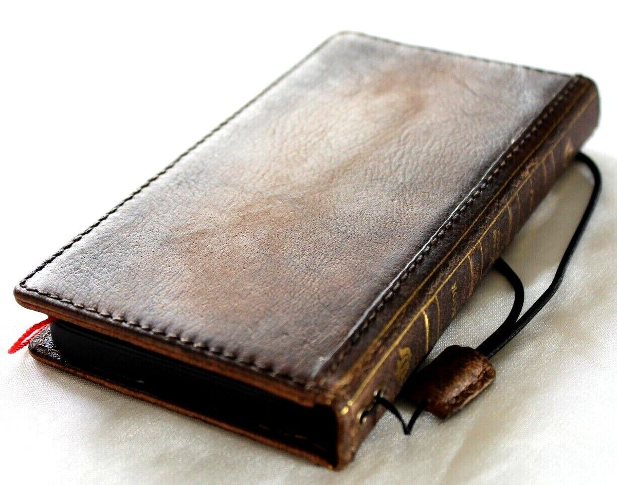 Handmade genuine leather phone case for Samsung Galaxy S22, S21, S20, A51, A71, and more, with vintage wallet and Bible style design.