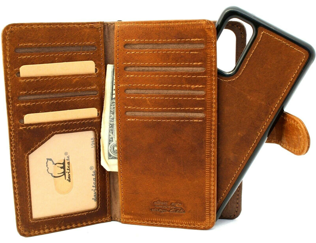 Leather Samsung Galaxy S20 case by DAVISCASE with card slots, wallet design, magnetic closure, and window for notifications.