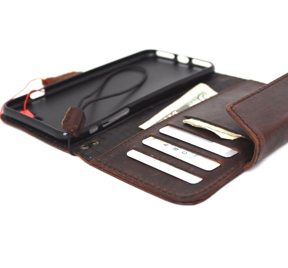 Dark brown genuine leather iPhone 8 Plus case with magnetic cover, wallet style with card holder from DavisCase.