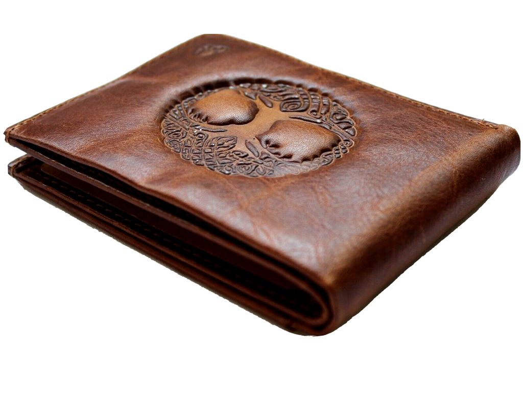 Men's genuine leather wallet with credit card slots and Bill Tree of Life design, handcrafted by DavisCase in tan leather.