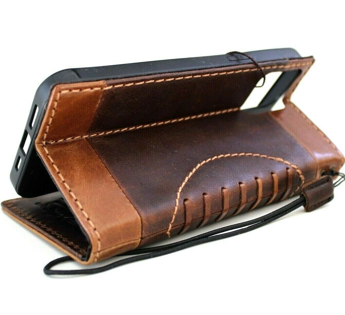 Handmade genuine leather wallet phone case for iPhone 11 Pro Max by DAVISCASE, featuring credit card slots and slim, luxury design