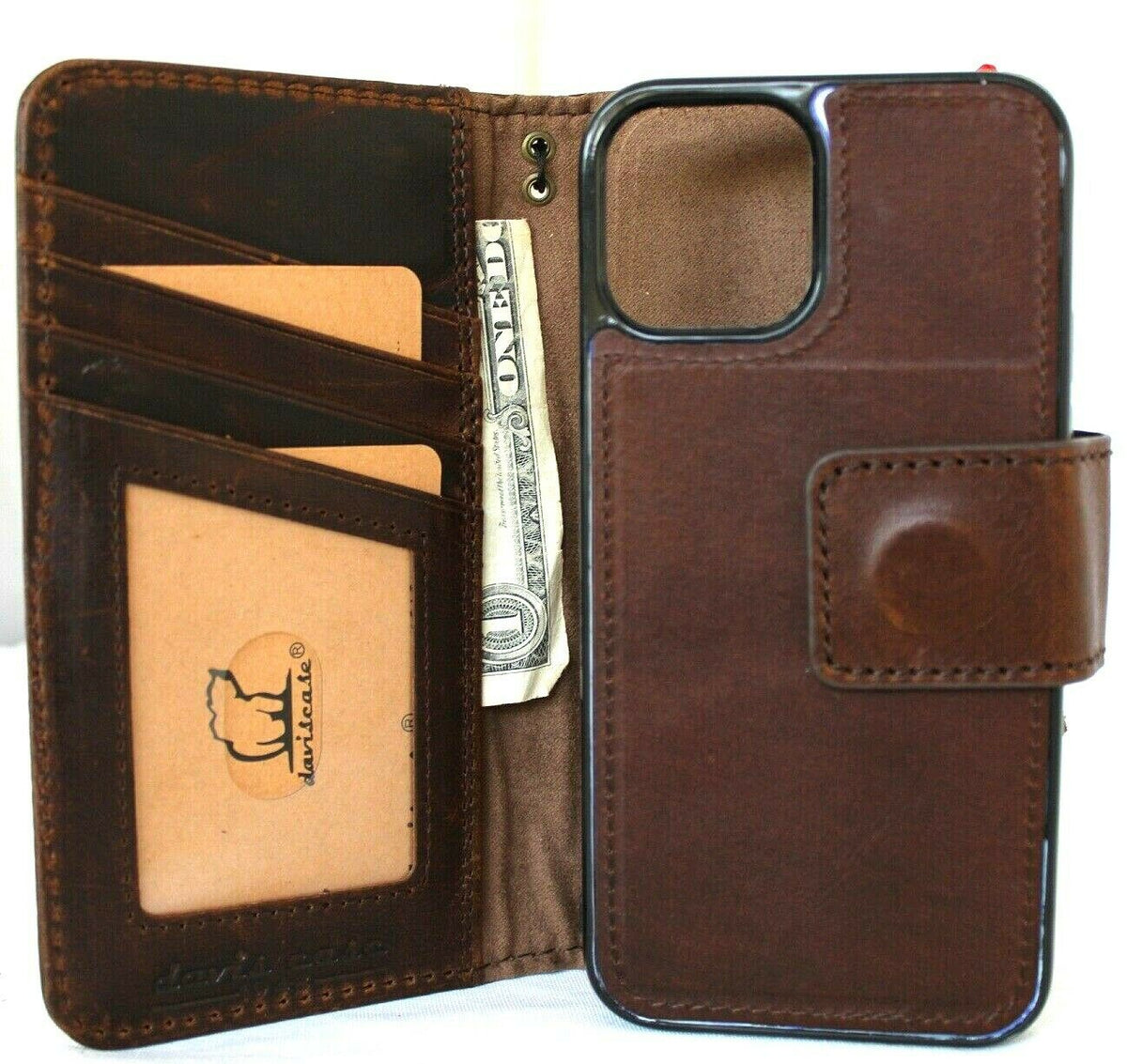 Genuine dark natural leather iPhone 12 Pro case with wallet features, ID window, card slots, and magnetic detachable holder by DAVISCASE.