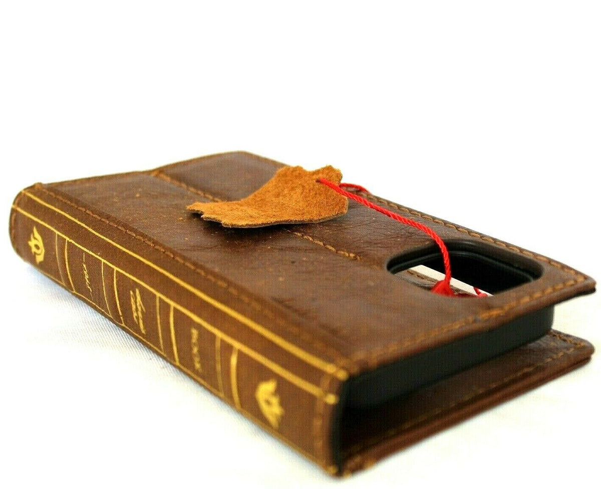 Genuine tan leather iPhone 12 Mini case by DAVISCASE with vintage Bible-style design, slim soft cover, and card slots.