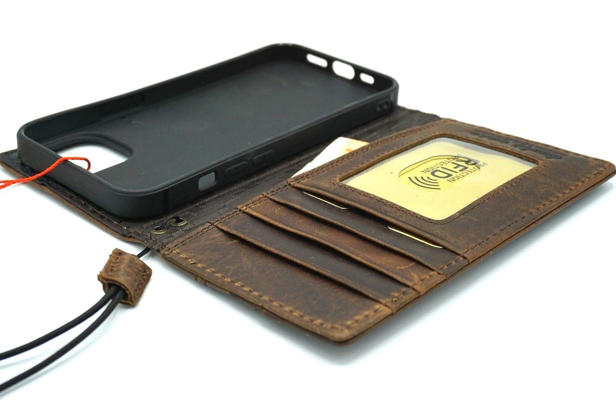DavisCase genuine leather phone wallet case for iPhone 11-15 Pro Max, handmade vintage style with credit card slots and full grain leather.