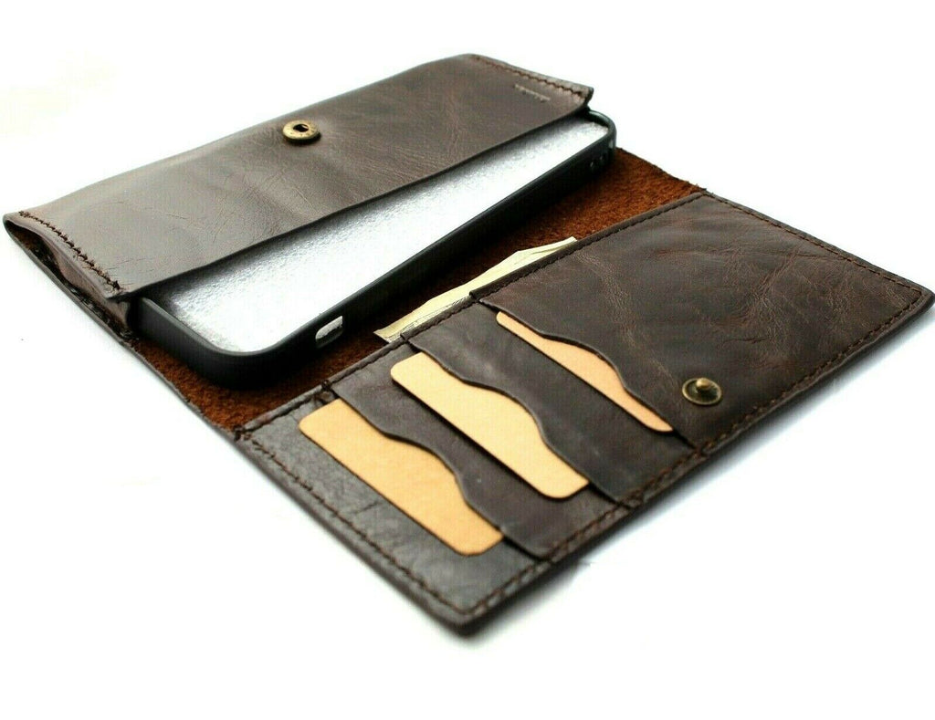 Handmade DAVISCASE genuine leather wallet phone case for iPhone 12-14 Pro, with ID window, credit card slots, and removable cover.