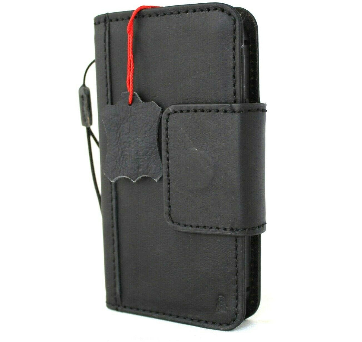 Genuine black leather phone case for iPhone 12 Mini, vintage-style wallet with magnetic closure by DAVISCASE.