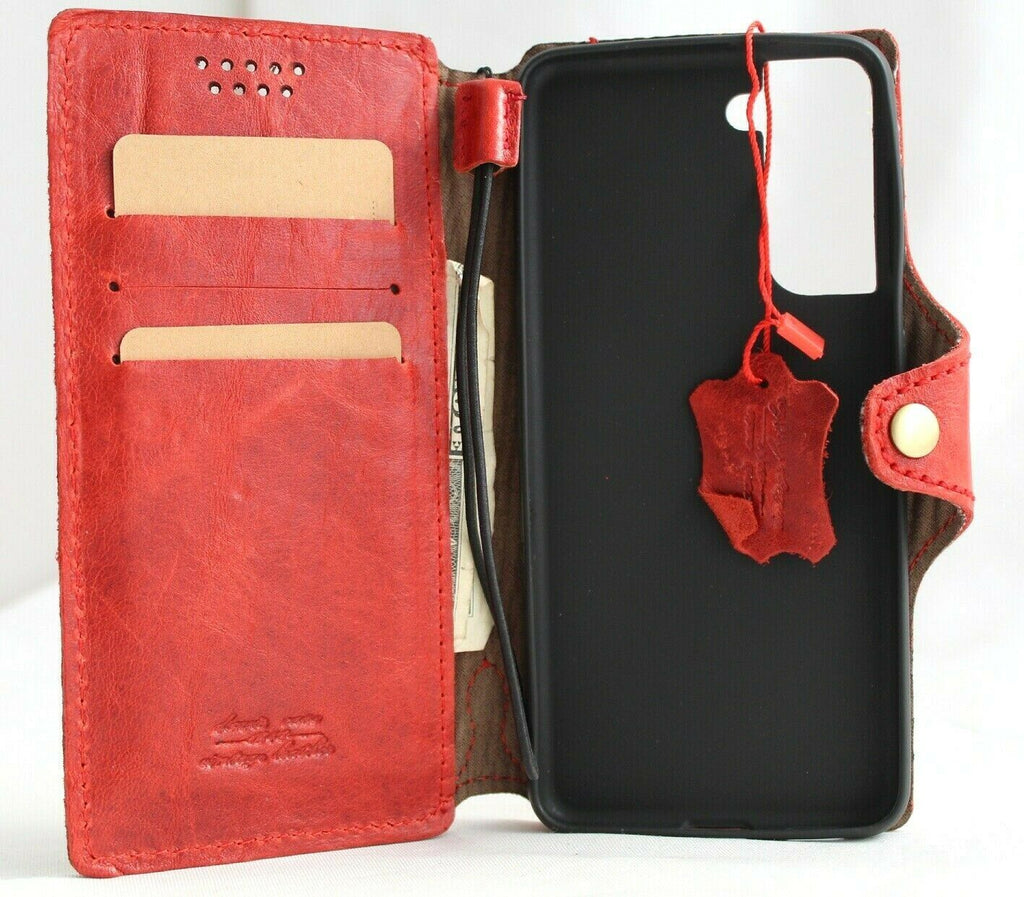 Handmade genuine red leather Samsung Galaxy S21 wallet case by DavisCase with rubber holder for wireless charging.