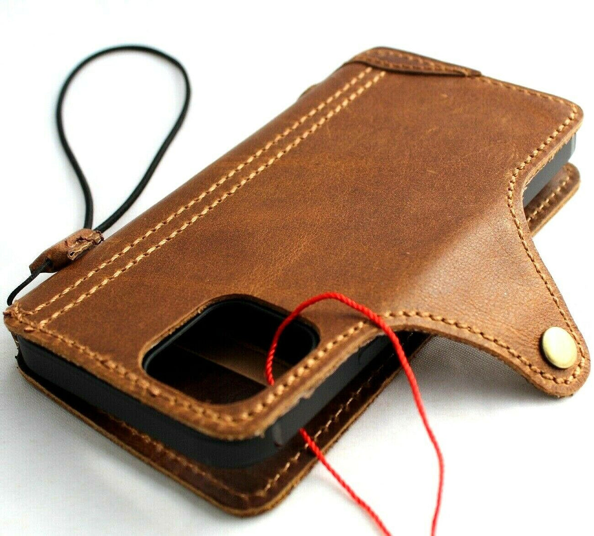 Genuine soft leather tan iPhone 12 Pro case with vintage book wallet style, credit card slots, slim full grain DavisCase.