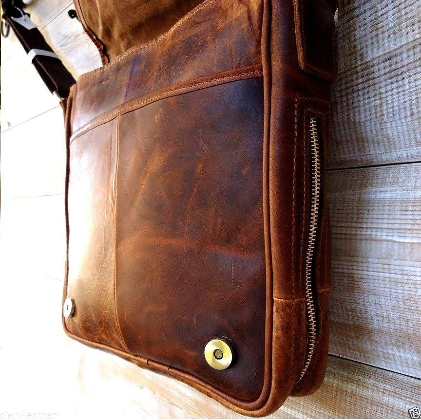 Genuine buffalo leather men's shoulder bag with vintage crossbody design, suitable for tablets and iPads, black color.