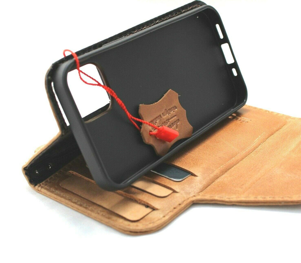 Genuine full tan leather iPhone 12 mini case with credit card slots, soft closure, vintage luxury style, handmade by DAVISCASE.