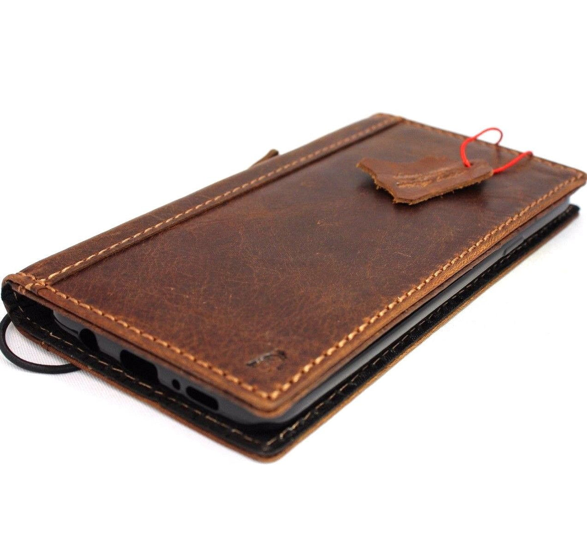 Vintage leather Samsung Galaxy S9 Plus wallet case with card slots, elastic strap and tan color by DAVISCASE