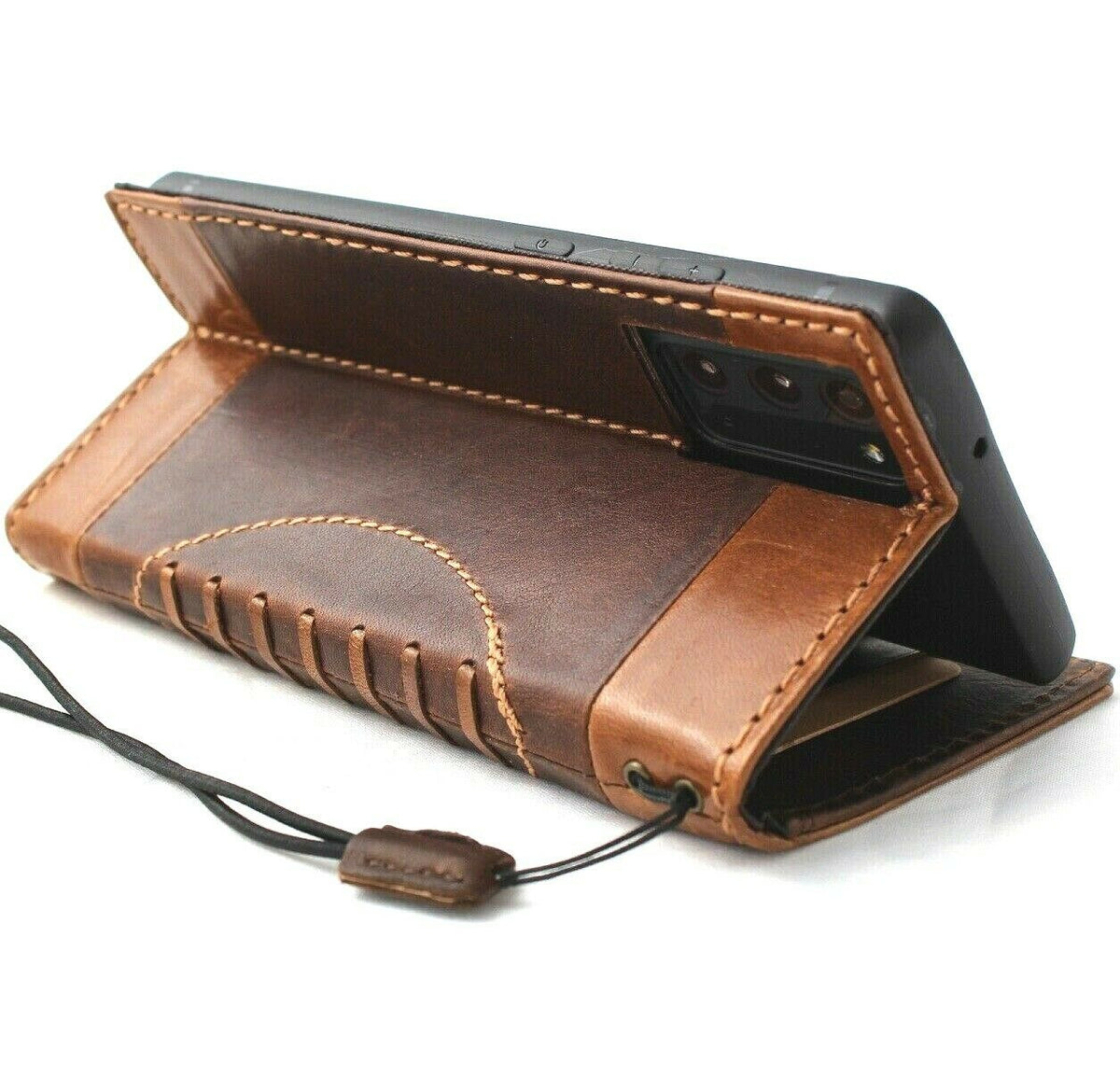 DavisCase genuine leather wallet case for Samsung Galaxy Note 20 5G with card slots and wireless charging compatibility.