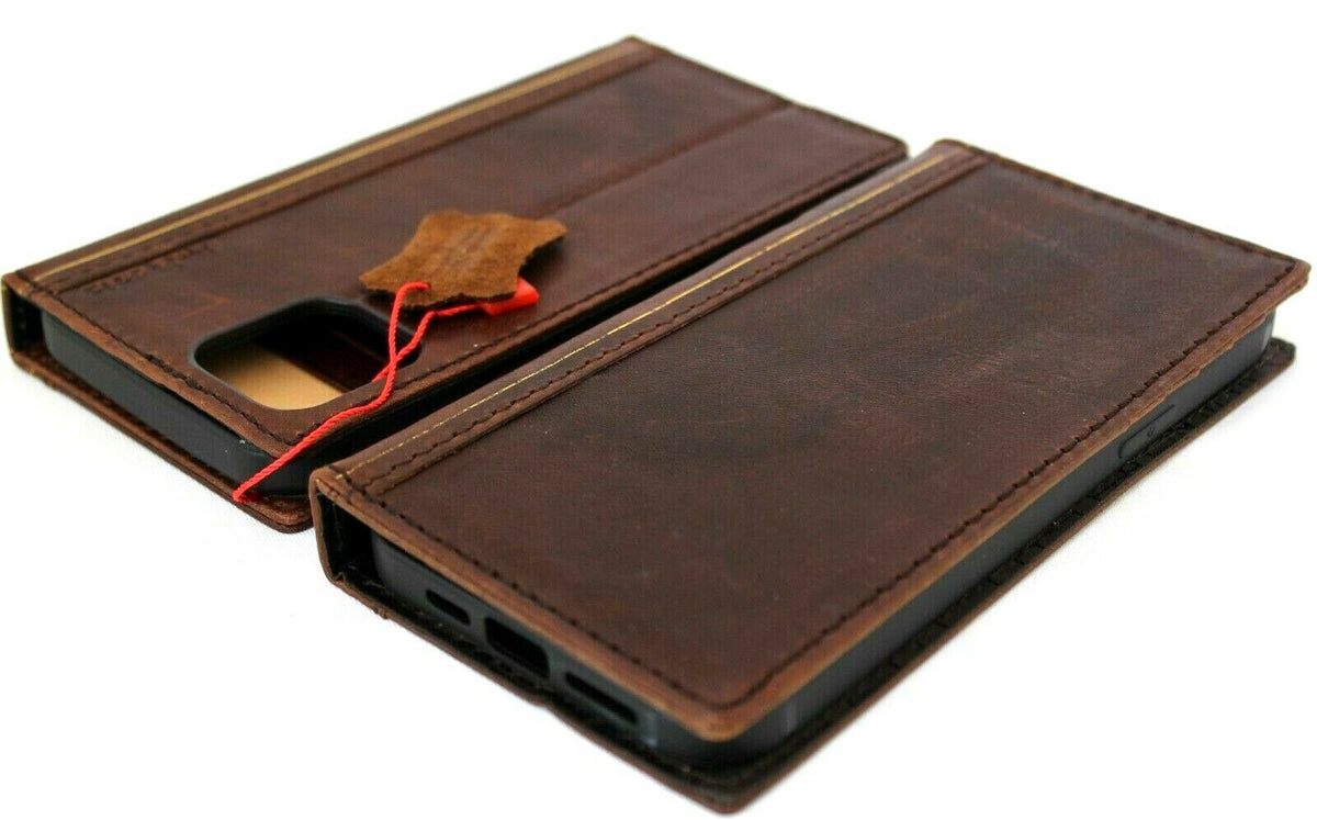 Vintage brown leather iPhone 12 Pro Max case with Bible book design, wallet style with ID window and credit card slots, DavisCase.