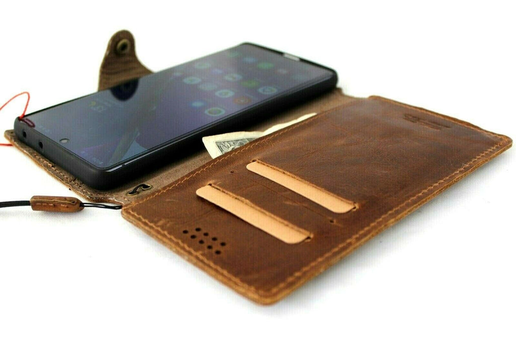 Handmade tan leather phone case for Samsung Galaxy S20 Ultra by DAVISCASE, with wallet-style design and wireless charging compatibility.