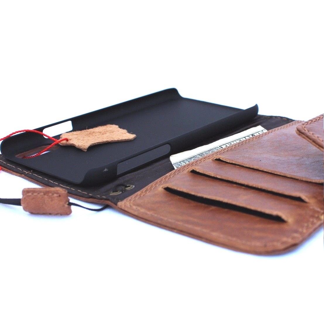 Bright brown genuine leather iPhone X wallet case with card slots, magnet closure, slim vintage design by Daviscase.