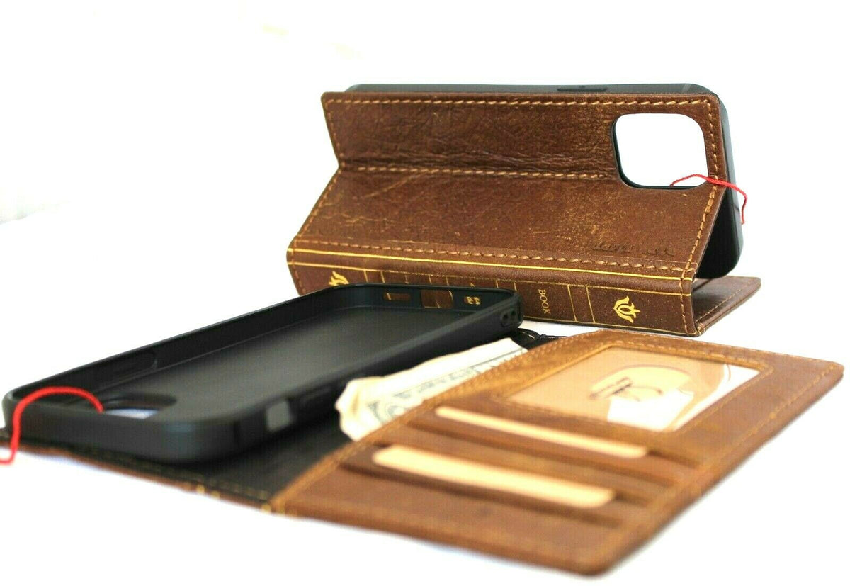 Genuine soft leather iPhone 12 Pro case with vintage Bible design, wallet style with ID window and card slots by DAVISCASE.