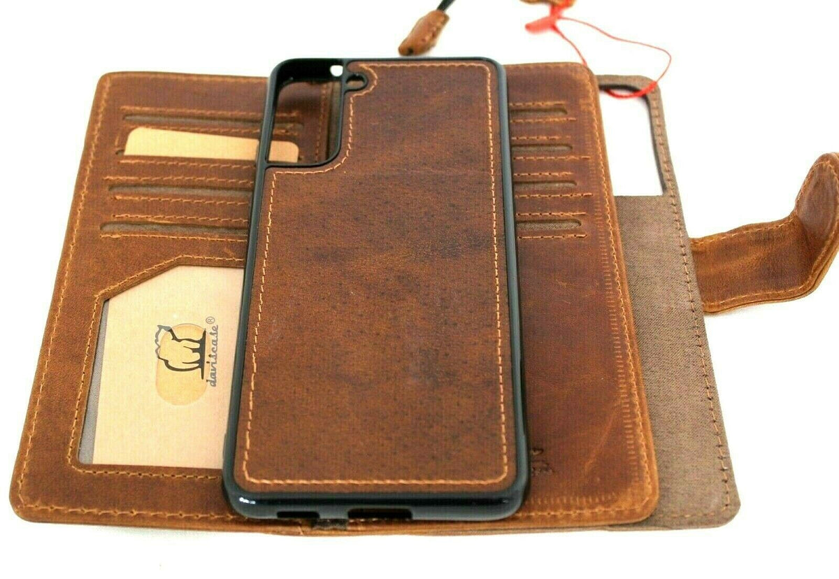 DavisCase genuine full leather wallet case for Samsung Galaxy S21 Plus 5G with card slots, magnetic stand, and slim design.