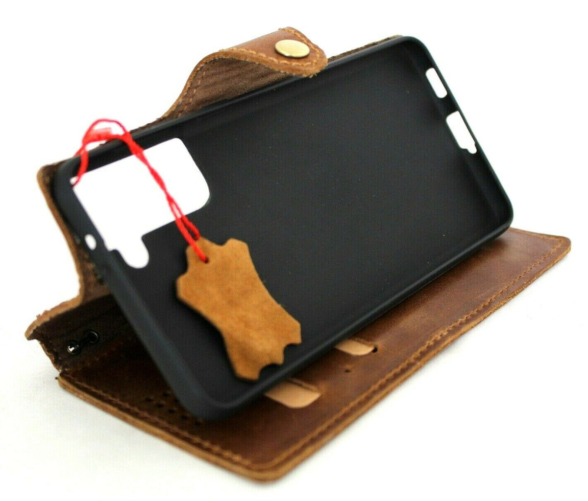 Genuine vintage leather Samsung Galaxy S21 Plus case by DavisCase with soft wallet design, card slots, and rubber tan finish.