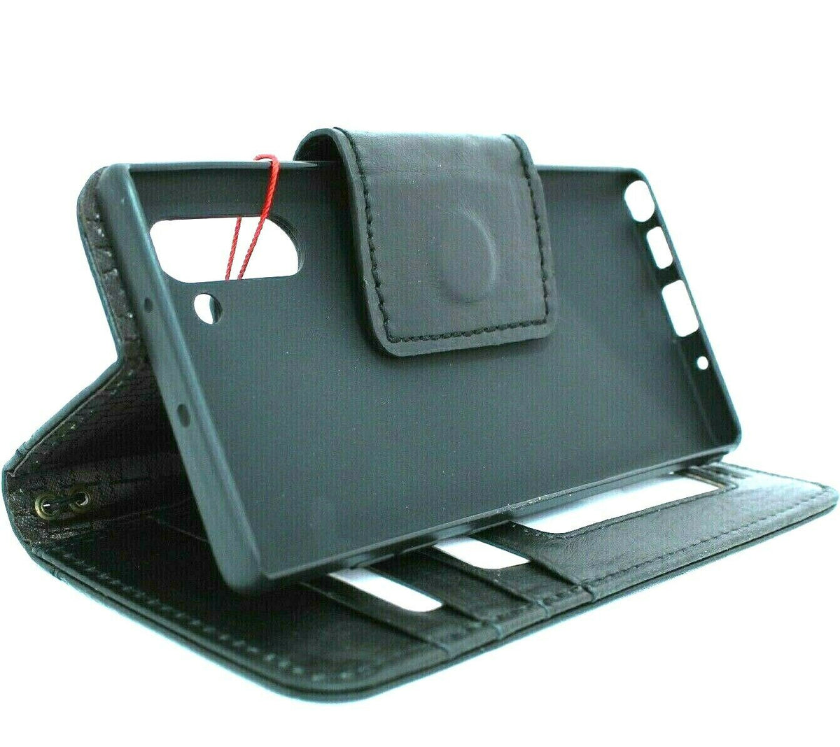 Black genuine leather phone case with wallet design for Samsung Galaxy Note 10, features soft stand, magnetic closure, and wireless charging.