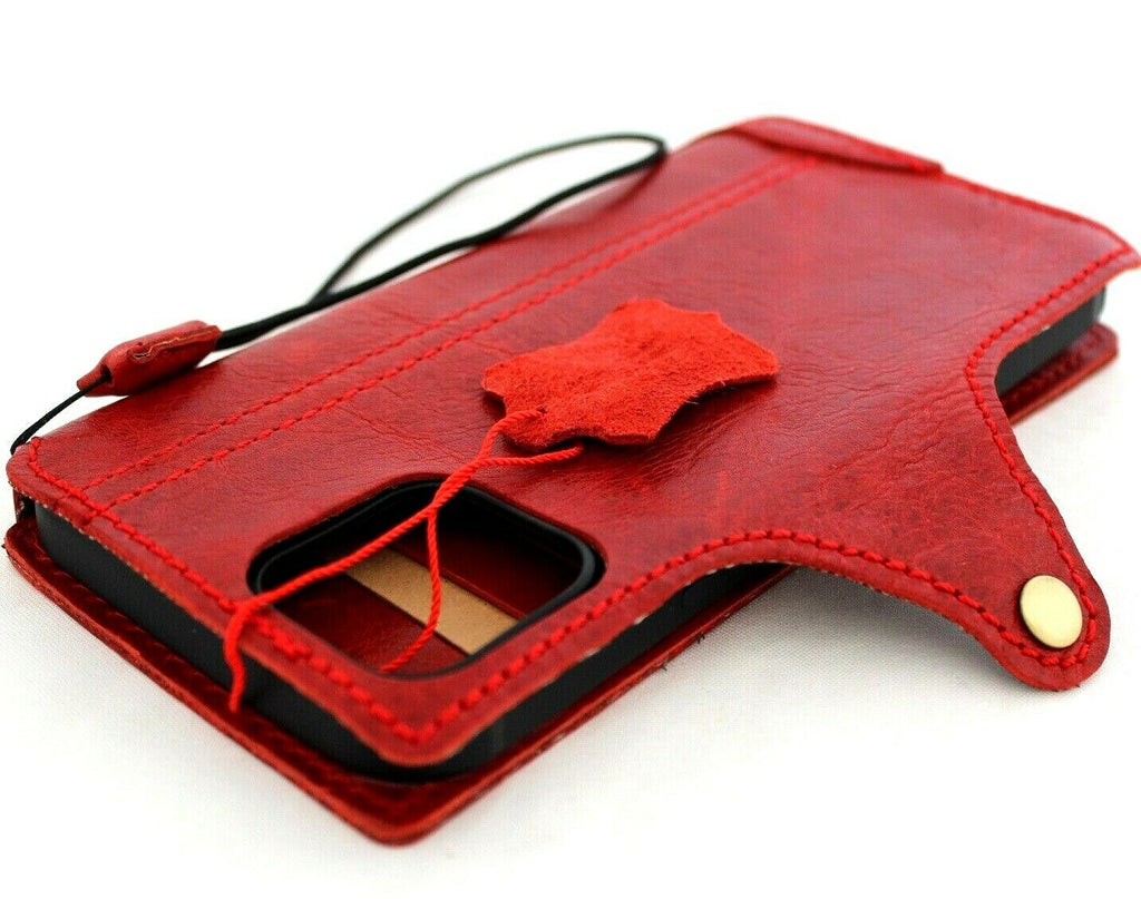 Red genuine leather iPhone 11 Pro Max case with wallet and credit card slots, slim handmade design by DAVISCASE