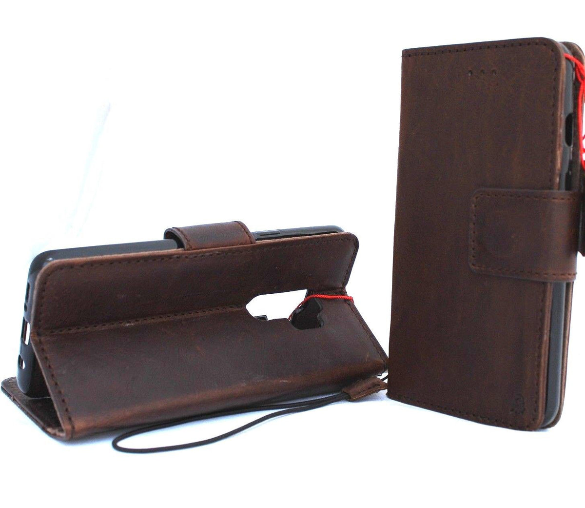 Genuine leather Samsung Galaxy S9 wallet case by DAVISCASE with removable card slots, vintage design, slim fit, and window feature.