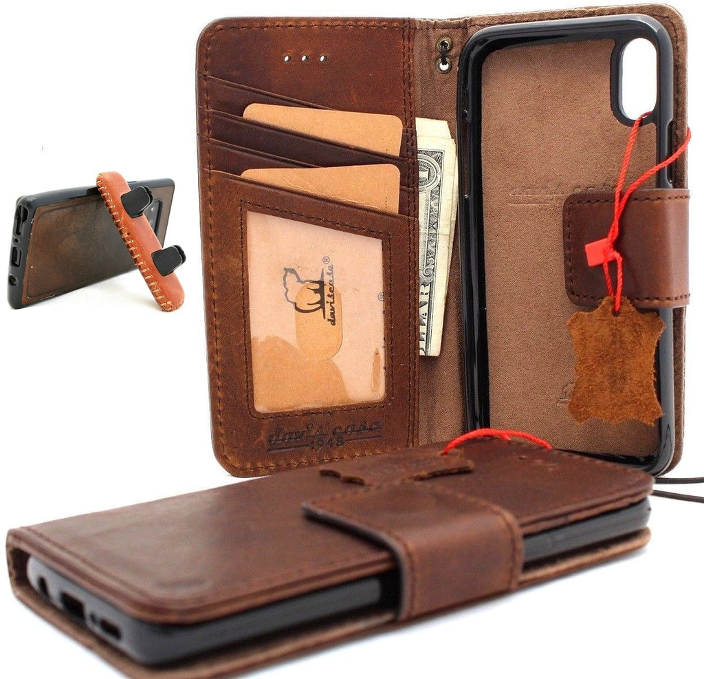 Genuine full leather iPhone XS case by DAVISCASE with wallet design, credit card slots, magnetic detachment, and car holder feature.