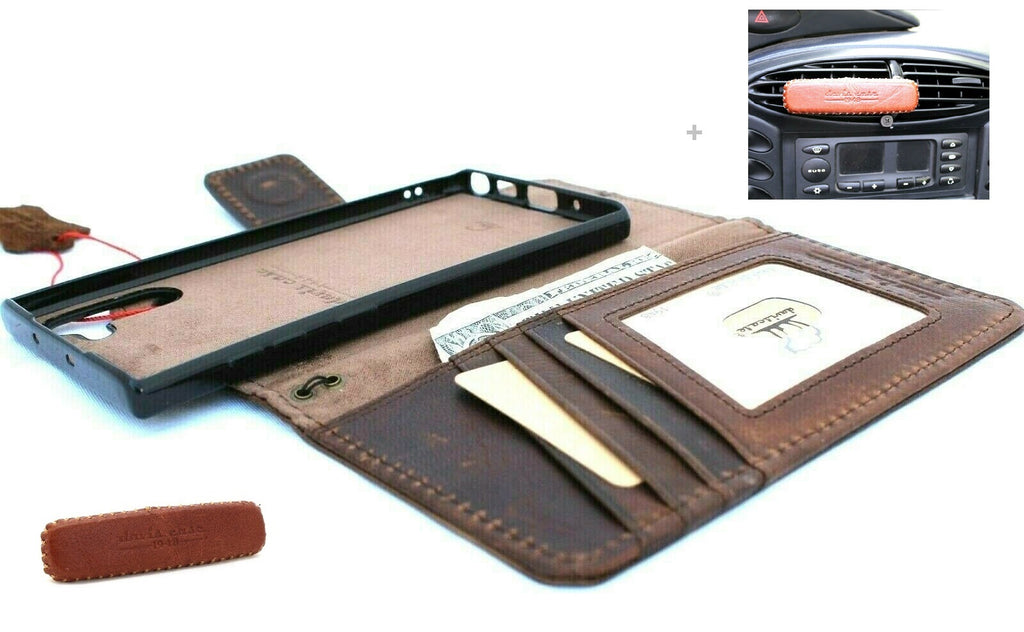 Genuine dark soft leather Samsung Galaxy Note 10 case with ID window, slim stand, magnetic car holder, handmade by DAVISCASE.